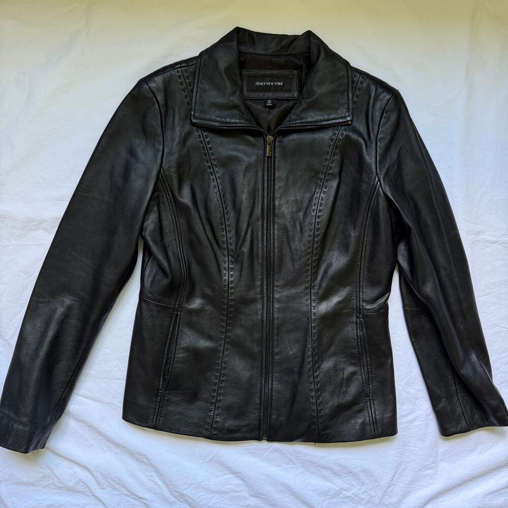 Jones New York Women’s Black Leather Jacket Zip Front Fitted Moto Size M